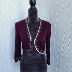 CACHE Purple Eggplant Sequin Bolero Shrug Jacket Formal Cropped Beaded Top Sz S